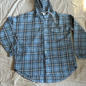 Girls Light Blue and Black Plaid Hooded Shirt